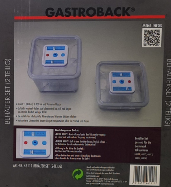 Gastroback, Vacuum-Behälter m. Deckel, 2er Set,